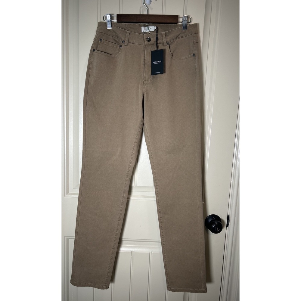 Bugatchi Men Regular Fit Pants Size 30 Dark Khaki Woven Straight Luxury NWT